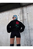 Oversize Üç İplik Bisiklet Yaka Baskılı SweatShirt - Siyah