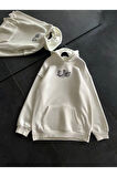 Üç İplik Penye Uzun Kol Kapşonlu Baskılı SweatShirt - Beyaz