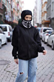 Samuray Kapşonlu ZIP Fermuarlı Çift Kapşonlu Nakışlı SweatShirt- Siyah