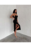Sırt Bağlamalı Derin Yirtmaç Askılı Elbise - Siyah
