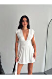 Omuzu Ip Askılı Şortlu Elbise - Beyaz
