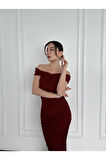 Striptiz Omuzlu Uzun Elbise- Bordo