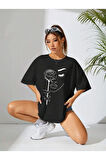Baskılı Oversize T-shirt - Siyah