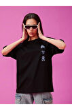 Baskılı Oversize T-shirt - Siyah