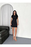 Bisiklet Yaka Kısa Kol Likralı Elbise - Siyah
