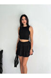 Keten Şortlu Etek - Siyah