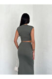 Osy Modal Yumuşak Dokulu Kumaş Büzgülü Crop Etek Takım - Mint Yeşili