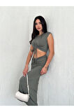 Osy Modal Yumuşak Dokulu Kumaş Büzgülü Crop Etek Takım - Mint Yeşili