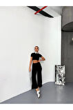 Osy Modal Yumuşak Dokulu Kumaş Kısa Kollu Crop Alt Ispanyol Paça Pantalon Ikili Takım - Siyah