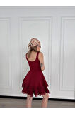 Fırfırlı Askılı Mini Elbise - Bordo