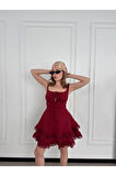 Fırfırlı Askılı Mini Elbise - Bordo