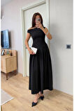 Asimetrik Düşük Yaka Kolsuz Uzun Elbise - Siyah