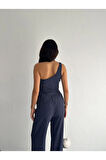 Asimetrik Crop Pantalon Ikili Takım - Lacivert