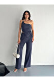 Asimetrik Crop Pantalon Ikili Takım - Lacivert