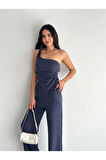Asimetrik Crop Pantalon Ikili Takım - Lacivert