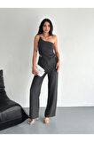 Asimetrik Crop Pantalon Ikili Takım - Füme