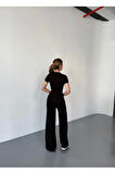 Osy Modal Yumuşak Dokulu Kumaş Kısa Kollu Crop Rahat Pantalon Ikili Takım - Siyah