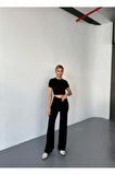 Osy Modal Yumuşak Dokulu Kumaş Kısa Kollu Crop Rahat Pantalon Ikili Takım - Siyah