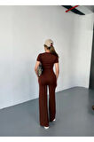 Osy Modal Yumuşak Dokulu Kumaş Kısa Kollu Crop Rahat Pantalon Ikili Takım - Kahverengi