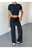 Osy Modal Yumuşak Dokulu Kumaş Kısa Kollu Crop Rahat Pantalon Ikili Takım - Füme