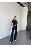 Osy Modal Yumuşak Dokulu Kumaş Kısa Kollu Crop Rahat Pantalon Ikili Takım - Füme
