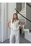 Keten Tam Fermuarlı Kolsuz Ceket Pantolon Ikili Takım- Beyaz