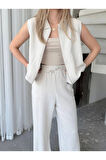 Keten Tam Fermuarlı Kolsuz Ceket Pantolon Ikili Takım- Beyaz