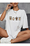 Baskılı Oversize Bisiklet Yaka T-shirt - Beyaz