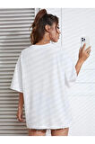 New York Baskılı Oversize Bisiklet Yaka T-shirt - Beyaz