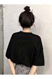 Baskılı Oversize Bisiklet Yaka T-shirt - Siyah