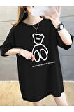 Baskılı Oversize Bisiklet Yaka T-shirt - Siyah