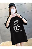 Baskılı Oversize Bisiklet Yaka T-shirt - Siyah