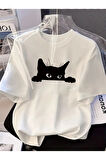 Baskılı Oversize Bisiklet Yaka T-shirt - Beyaz