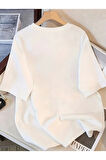 Baskılı Oversize Bisiklet Yaka T-shirt - Beyaz