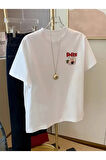 Baskılı Oversize Bisiklet Yaka T-shirt - Beyaz