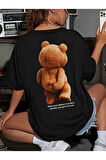 Baskılı Oversize Bisiklet Yaka T-shirt - Siyah