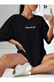 Baskılı Oversize Bisiklet Yaka T-shirt - Siyah