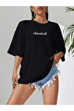 Baskılı Oversize Bisiklet Yaka T-shirt - Siyah