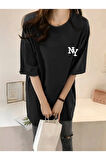 Baskılı Oversize Bisiklet Yaka T-shirt - Siyah