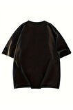 Baskılı Oversize Bisiklet Yaka T-shirt - Siyah