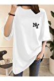 Baskılı Oversize Bisiklet Yaka T-shirt - Beyaz