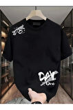 Baskılı Oversize Bisiklet Yaka T-shirt - Siyah