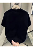 Baskılı Oversize Bisiklet Yaka T-shirt - Siyah