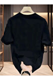 Baskılı Oversize Bisiklet Yaka T-shirt - Siyah