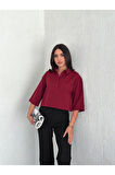 Crop Yakalı Gömlek Üç Çeyrek Sleeve Kol - Bordo