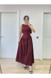 Arkası Kanatlı Uzun Elbise- Bordo