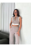 Osy Modal Yumuşak Dokulu Kumaş Tam Fermuarlı Crop Pantalon İkili Takım - Gri