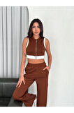 Osy Modal Yumuşak Dokulu Kumaş Tam Fermuarlı Crop Pantalon İkili Takım - Kahverengi