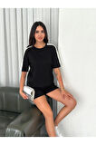 Osy Modal Yumuşak Dokulu Kumaş Parçalı Bisiklet Yaka T-shirt Kısa Şort İkili Takım - Siyah