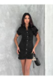 Kısa Kolu Mini Kot Kumaşından Likralı Elbise - Siyah